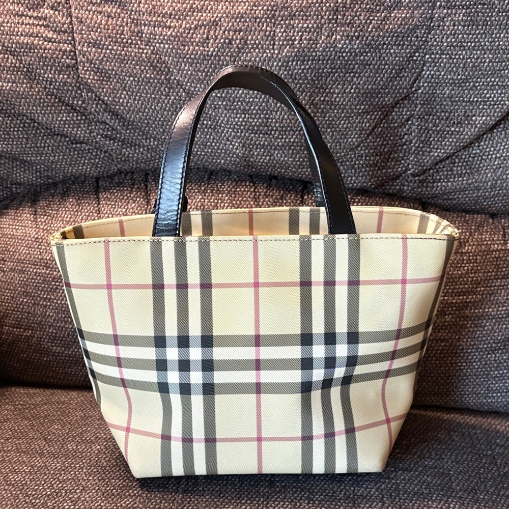Burberry Beige Check Tote  Small with Black Handles - Picture 4 of 9